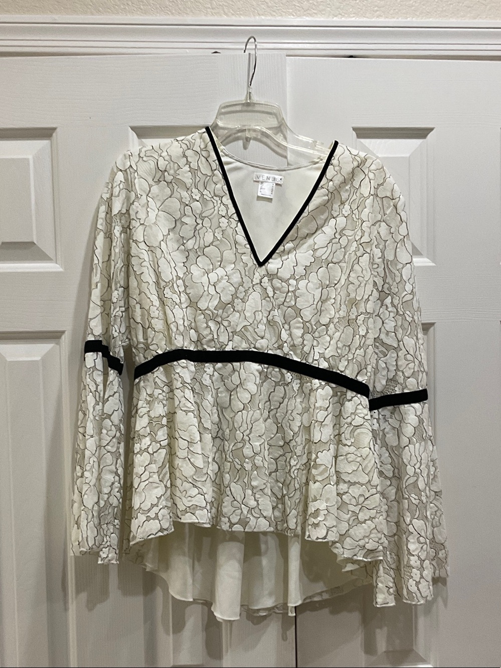VENUS Ivory Floral Lace Peplum Top with Black Trim